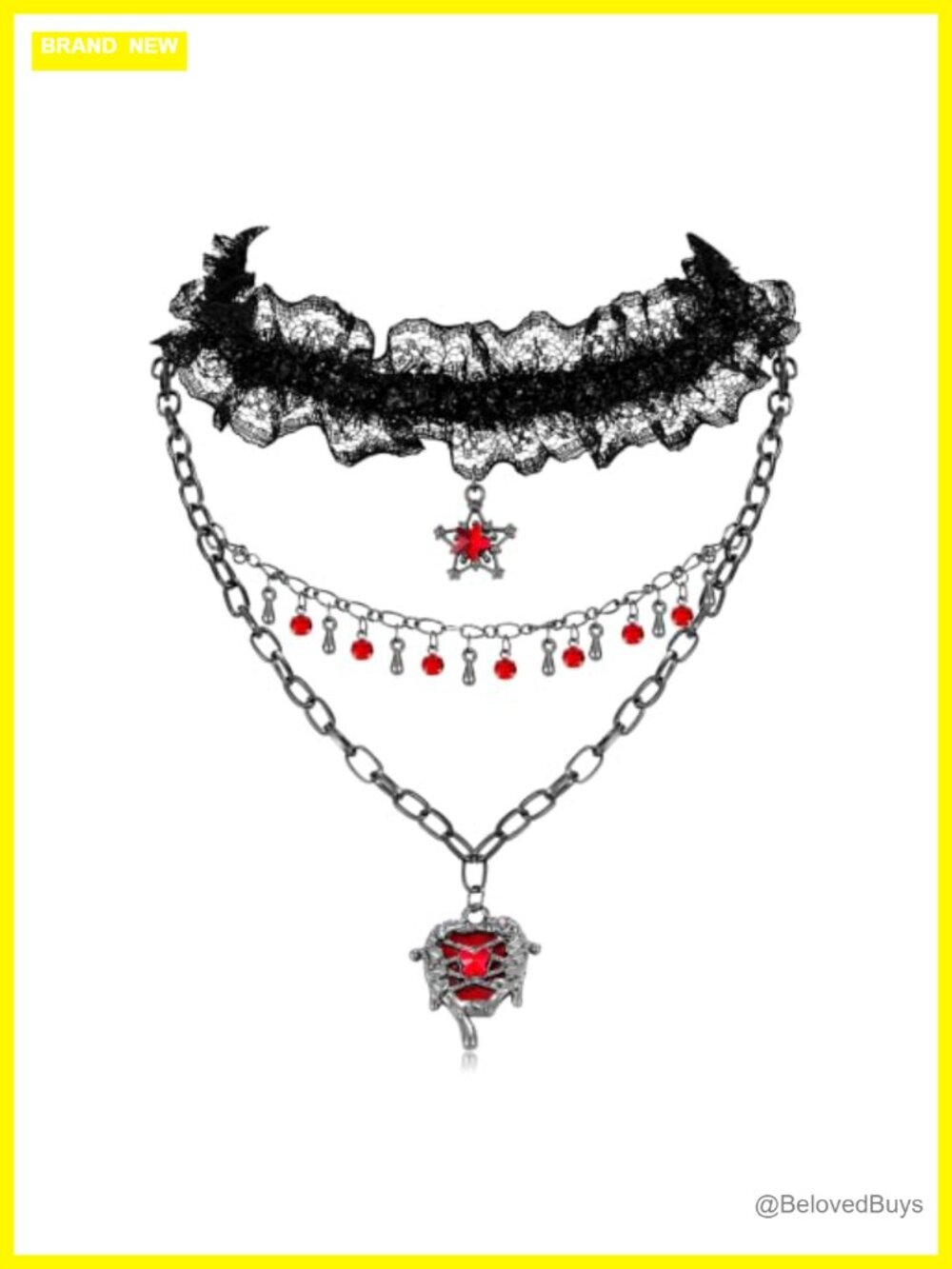 Gothic Black Lace Choker Necklace with Red Dripping Heart Pendant Layered Chain